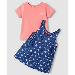 Babyhug Denim Woven Frock with Inner Tee with Half Sleeves and Hearts Print - Blue