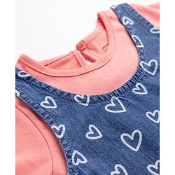 Babyhug Denim Woven Frock with Inner Tee with Half Sleeves and Hearts Print - Blue