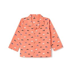 Babyhug Cotton Woven Full Sleeves Front Open Shirt & Pyjama Co-Ords Set With Vehicle Print - Orange