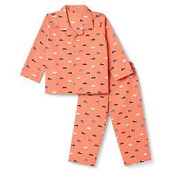 Babyhug Cotton Woven Full Sleeves Front Open Shirt & Pyjama Co-Ords Set With Vehicle Print - Orange