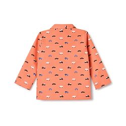 Babyhug Cotton Woven Full Sleeves Front Open Shirt & Pyjama Co-Ords Set With Vehicle Print - Orange