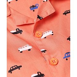 Babyhug Cotton Woven Full Sleeves Front Open Shirt & Pyjama Co-Ords Set With Vehicle Print - Orange