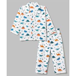 Babyhug Cotton Woven Full Sleeves Front Open Shirt & Pyjama Co-Ords Set With Animal Print - White