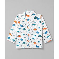 Babyhug Cotton Woven Full Sleeves Front Open Shirt & Pyjama Co-Ords Set With Animal Print - White