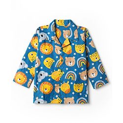 Babyhug Cotton Woven Full Sleeves Front Open Shirt & Pyjama Co-Ords Night Suit With Rainbow & Animal Print - Blue