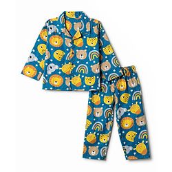 Babyhug Cotton Woven Full Sleeves Front Open Shirt & Pyjama Co-Ords Night Suit With Rainbow & Animal Print - Blue
