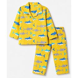 Babyhug 100% Cotton Woven Full Sleeves Co-Ords Shirt & Pyjama Night Suit with Shark Print - Yellow