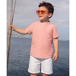 Babyhug Cotton Woven Half sleeves Striped Shirt & Shorts Set - Pink