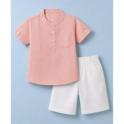 Babyhug Cotton Woven Half sleeves Striped Shirt & Shorts Set - Pink