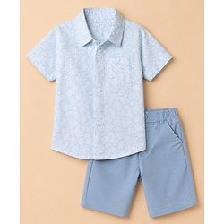 Babyhug Cotton Woven Half Sleeves Shirt and Shorts Set with Floral Print in Light Blue