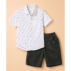 Babyhug Cotton Woven Half Sleeves Shirt and Shorts Set With Leaf Print - White