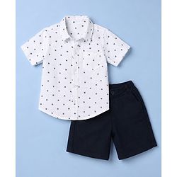 Babyhug Cotton Woven Half Sleeves Printed Shirt and Shorts Set - White & Black