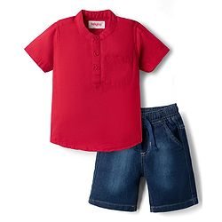 Babyhug Cotton Woven Denim Half Sleeves Shirt & Shorts Set - Red & Blue