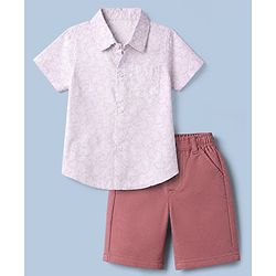 Babyhug Cotton Woven Half Sleeves Shirt and Shorts Set with Leaves Print in White