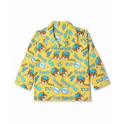Babyhug Cotton Woven Front Open Full Sleeves Co-ord Shirt & Pajama Night Suit with Tiger & Varsity Numeric Print - Yellow