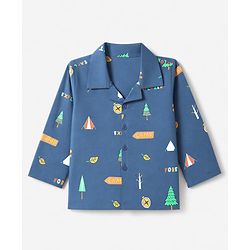 Babyhug 100% Cotton Woven Full Sleeves Co-Ords Shirt & Pyjama Night Suit with Camping Print - Navy Blue