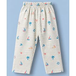 Babyhug Cotton Knit Full Sleeeves Front Open Co Ords Shirt & Pyjama Night Suit With Nautical Theme Print - Brown