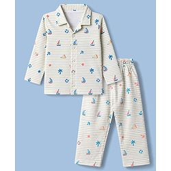 Babyhug Cotton Knit Full Sleeeves Front Open Co Ords Shirt & Pyjama Night Suit With Nautical Theme Print - Brown