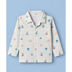 Babyhug Cotton Knit Full Sleeeves Front Open Co Ords Shirt & Pyjama Night Suit With Nautical Theme Print - Brown