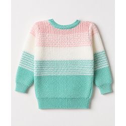 Babyhug Knit Full Sleeves Striped Sweater Set With Beanie & Color Block Design - Blue
