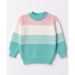 Babyhug Knit Full Sleeves Striped Sweater Set With Beanie & Color Block Design - Blue