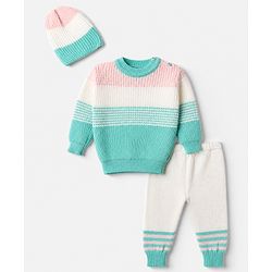 Babyhug Knit Full Sleeves Striped Sweater Set With Beanie & Color Block Design - Blue