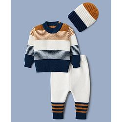 Babyhug Knit Sweater Set with Full Sleeves and Stripes Design in Royal Blue