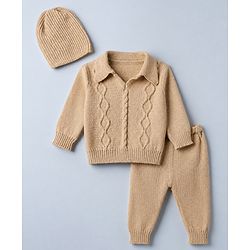 Babyhug Cable Knit Full Sleeves Sweater Set With Beanie Cap - Beige