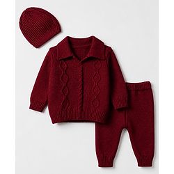 Babyhug Cable Knit Full Sleeves Sweater Set With Beanie Cap - Maroon