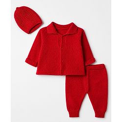 Babyhug Knit Full Raglan Sleeves Front Open Collared Sweater Set and Cap with - Red