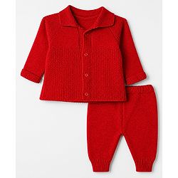 Babyhug Knit Full Raglan Sleeves Front Open Collared Sweater Set and Cap with - Red