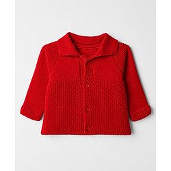 Babyhug Knit Full Raglan Sleeves Front Open Collared Sweater Set and Cap with - Red