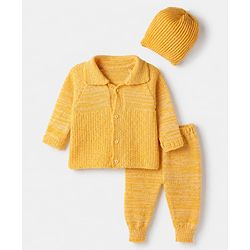Babyhug Knit Front Open Sweater and Pant with Hat in Yellow