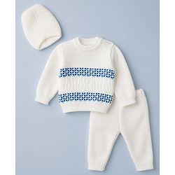 Babyhug Knit Full Sleeves Striped Sweater Set With Headband & Geometric Design - White
