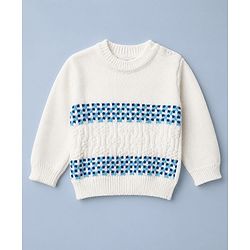 Babyhug Knit Full Sleeves Striped Sweater Set With Headband & Geometric Design - White