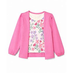 Babyhug 100% Cotton Knit Shrug Top with Full Sleeves and Floral Print - Pink