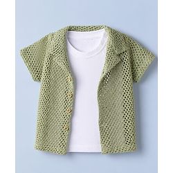 Babyhug 100% Cotton Woven Solid Crochet Shirt with T-Shirt Half Sleeves in Green