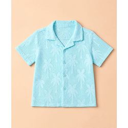Babyhug 100% Cotton Woven Solid Crochet Shirt and T-Shirt with Half Sleeves and Palm Trees Print in Blue
