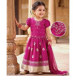 Babyhug Cotton Woven Half Sleeves Choli & Lehenga Set With Dupatta & Floral Embroidery - Pink