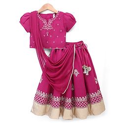 Babyhug Cotton Woven Half Sleeves Choli & Lehenga Set With Dupatta & Floral Embroidery - Pink