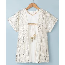 Babyhug Woven Fit & Flared Ethnic Dress and Jacket with Half Sleeves and Striped Georgett Embroidered Sequins - Off White