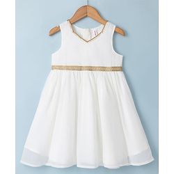 Babyhug Woven Fit & Flared Ethnic Dress and Jacket with Half Sleeves and Striped Georgett Embroidered Sequins - Off White