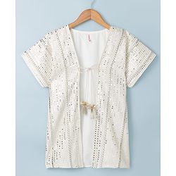 Babyhug Woven Fit & Flared Ethnic Dress and Jacket with Half Sleeves and Striped Georgett Embroidered Sequins - Off White