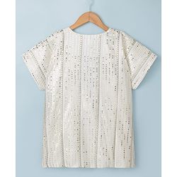 Babyhug Woven Fit & Flared Ethnic Dress and Jacket with Half Sleeves and Striped Georgett Embroidered Sequins - Off White
