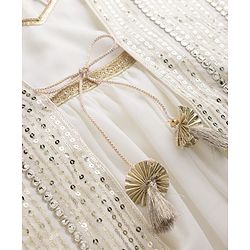 Babyhug Woven Fit & Flared Ethnic Dress and Jacket with Half Sleeves and Striped Georgett Embroidered Sequins - Off White