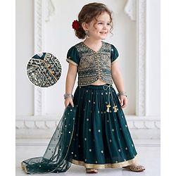 Babyhug Chiffon Woven Half Sleeves Floral Embroidered Choli & Lehenga Set With Dupatta - Navy Blue