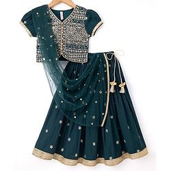 Babyhug Chiffon Woven Half Sleeves Floral Embroidered Choli & Lehenga Set With Dupatta - Navy Blue