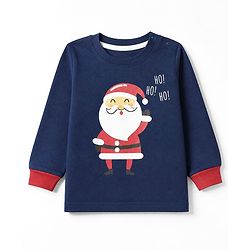 Babyhug 100% Cotton Knit Full Sleeves T-Shirt & Pyjama Night Suit with Santa clause Print - Navy Blue