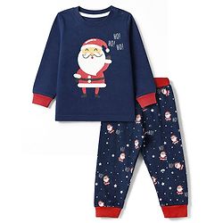 Babyhug 100% Cotton Knit Full Sleeves T-Shirt & Pyjama Night Suit with Santa clause Print - Navy Blue