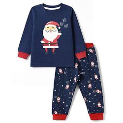 Babyhug 100% Cotton Knit Full Sleeves T-Shirt & Pyjama Night Suit with Santa clause Print - Navy Blue